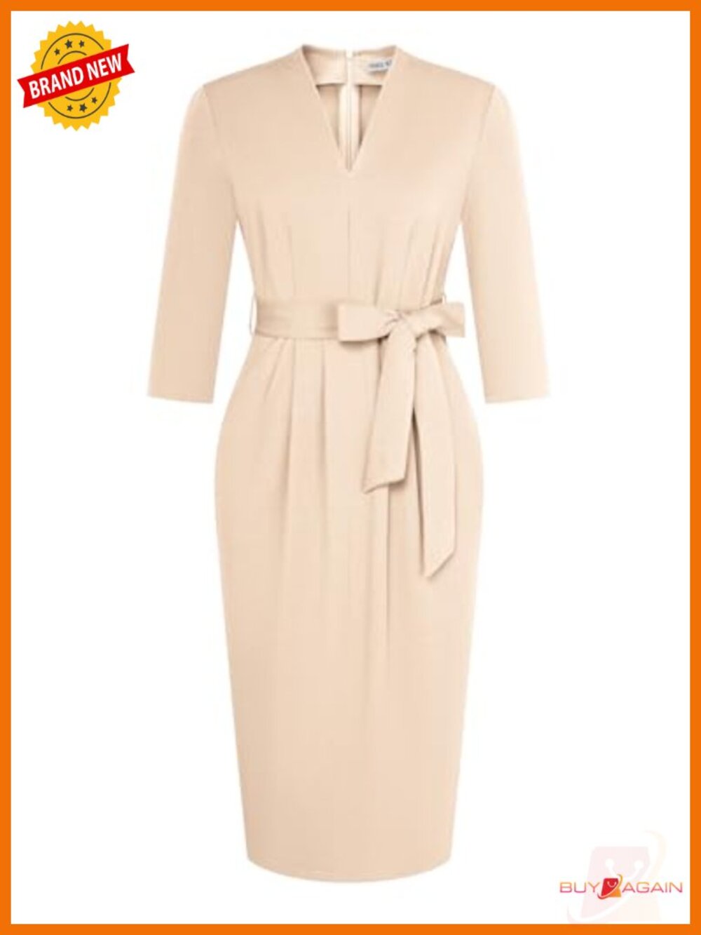 GRACE KARIN 3/4 Sleeve Work Dress with Pockets Bodycon Belted V-Neck Midi